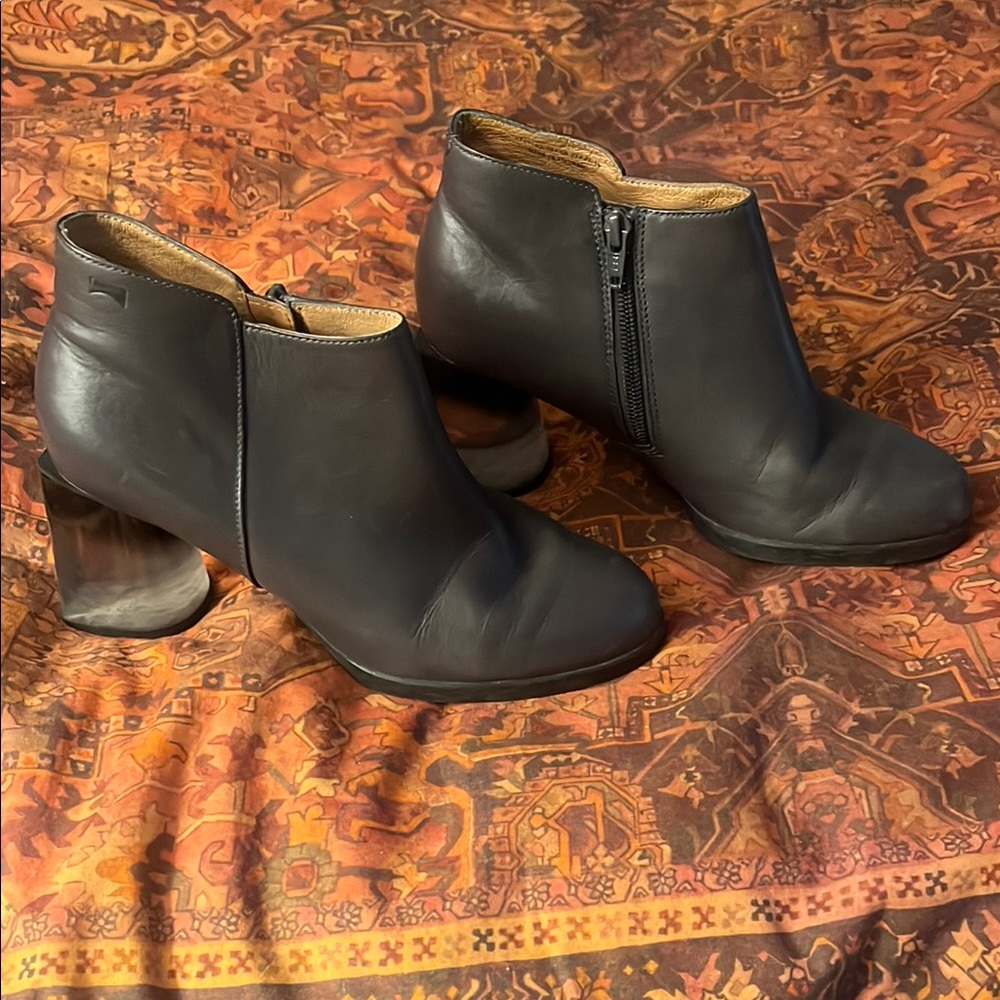 Camper Dark Gray Ankle Booties with Block Lucite Heel